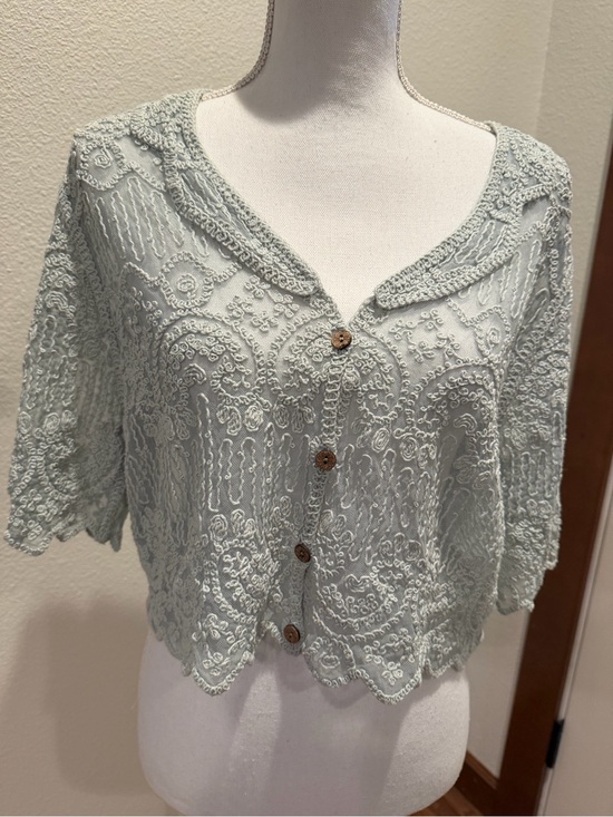 Joyfolie Sweaters - Joyfolie Light Sage Crochet Button-Front Cardigan